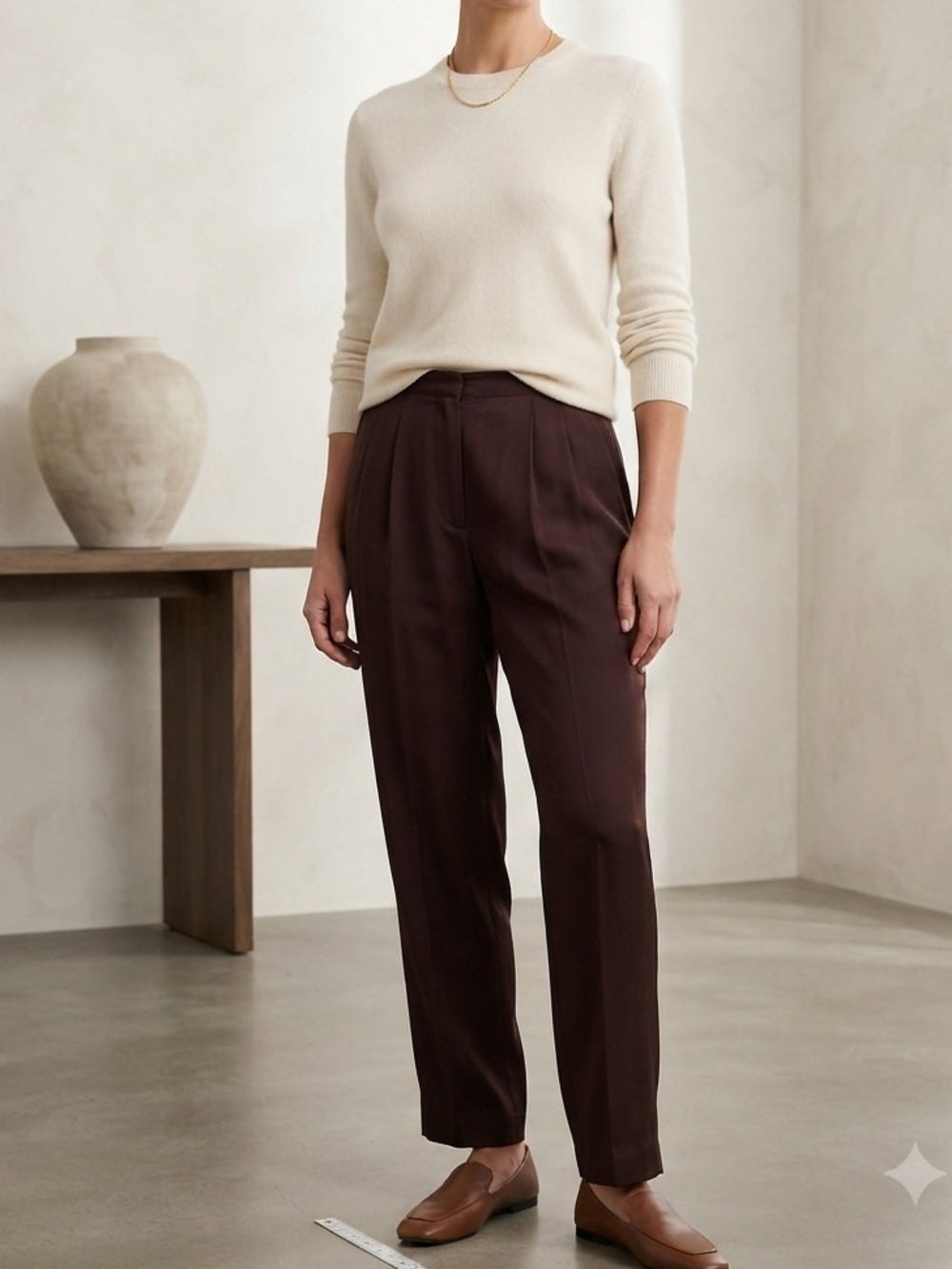 VTG Leilei 100% Silk Pleated Trousers Pants Brown Tapered High Rise Large 90s